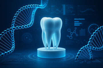 AI generated 3D tooth on glowing platform surrounded by luminous DNA strands data charts and molecular icons representing biotechnology dental innovation and genetic analysis in modern healthcare