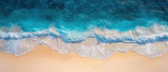 Fototapeta premium Aerial view of gentle ocean waves with white foam washing onto a smooth sandy beach under clear sky