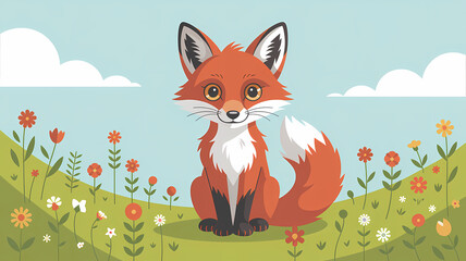 Flat Design Illustration of a Red Fox Sitting in a Colorful Wildflower Field Under a Soft Blue Sky