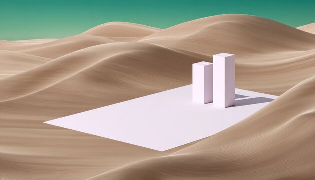 Abstract 3D desert scene with geometric shapes