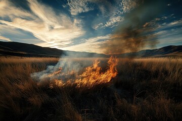 Dramatic wildfire scene in a vast open field.