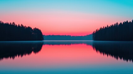 Tranquil Sunset Over Serene Lake and Forest Reflections
