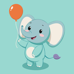 Adorable baby elephant holding orange balloon, transparent background