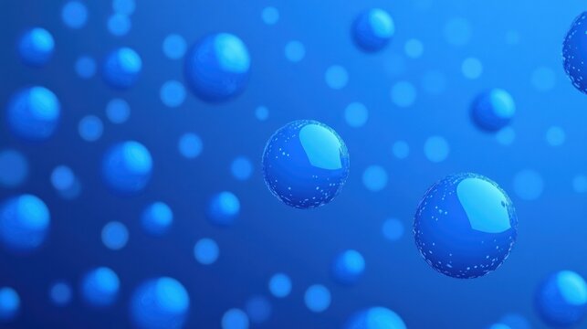 Close-up of shiny blue spheres floating on a gradient blue background creating a futuristic and abstract atmosphere