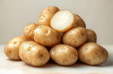 Fototapeta premium Pile of fresh whole potatoes with one potato cut in half showing the white interior on a light surface with neutral background