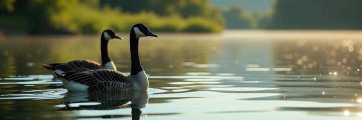 Obraz premium Elegant geese float on still lake surface, sunlight gleaming, morning, imagery