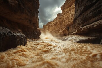 Dramatic mountain gorge with a rushing torrent.