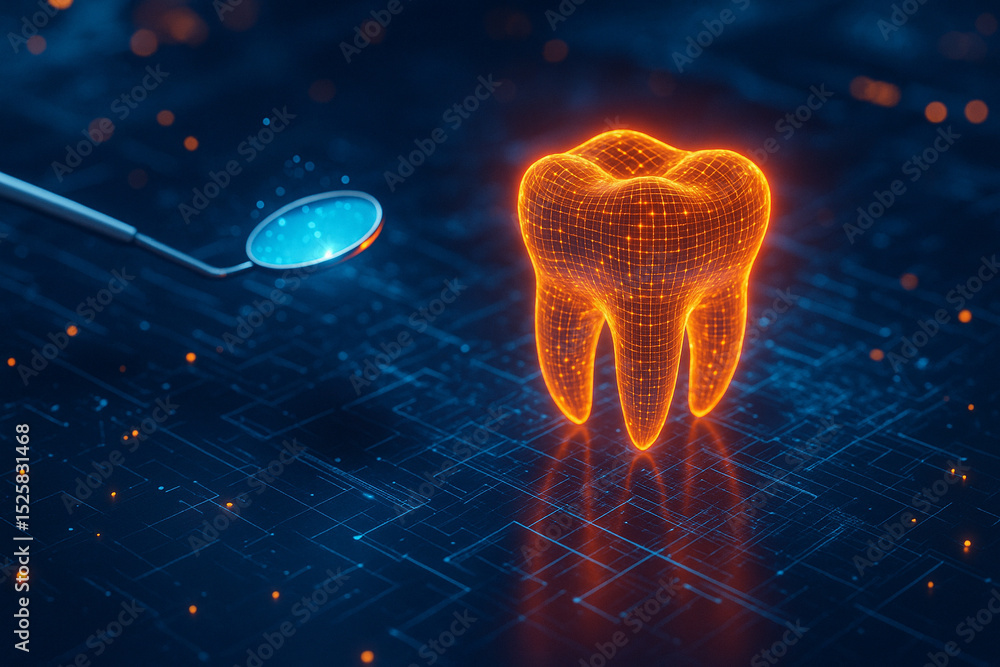 Aufkleber ai generated image of an orange glowing transparent tooth on a futuristic digital grid with a dental