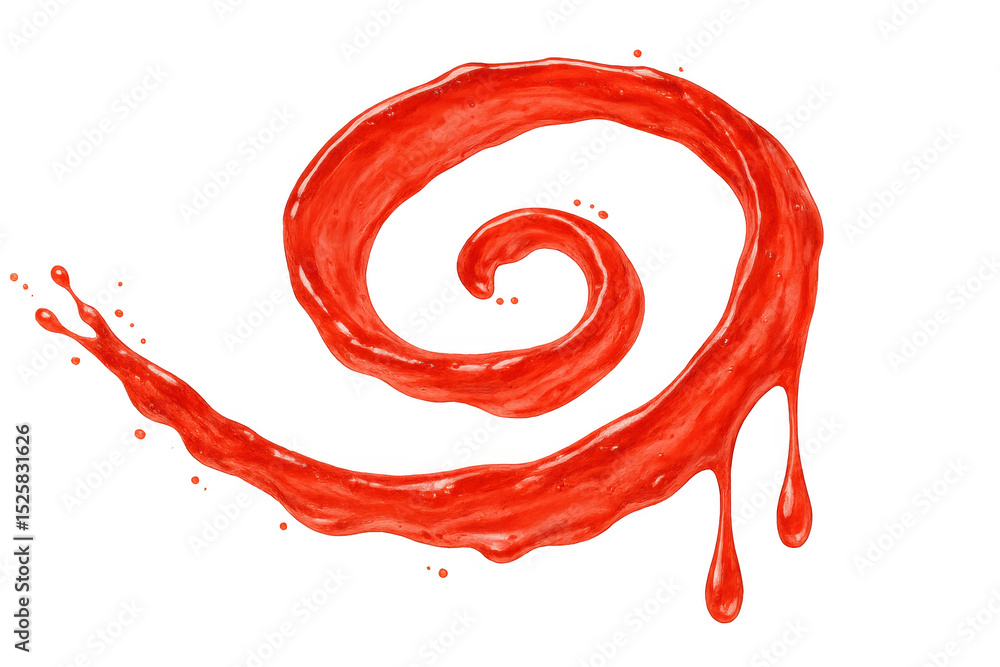 Poster red liquid splashing, swirling, and forming a spiral against a transparent background, creating a dy