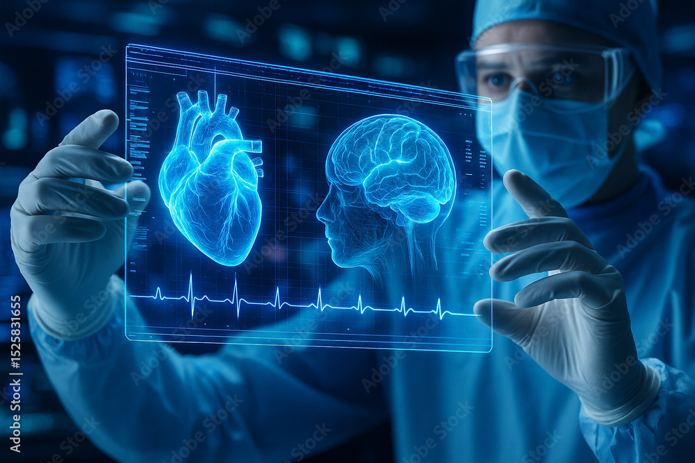 Poster ai generated digital interface showing heart and brain holograms held by a surgeon in a futuristic l