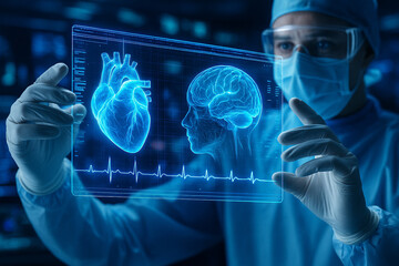 AI generated digital interface showing heart and brain holograms held by a surgeon in a futuristic lab with real-time data and glowing blue tones