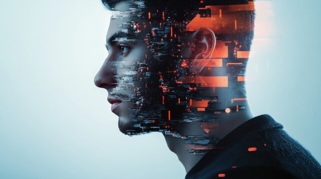 Abstract digital portrait of a man. Concept of technology and virtual reality. Futuristic digital face with glitch effect and binary code overlay - Powered by Adobe