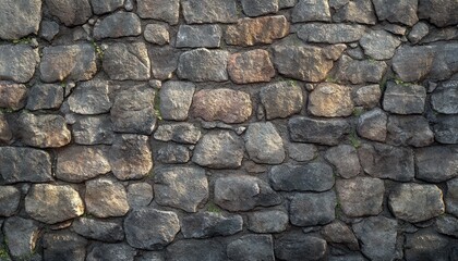 Obraz premium Close-up view of a rustic stone wall with irregularly shaped stones and subtle natural lighting