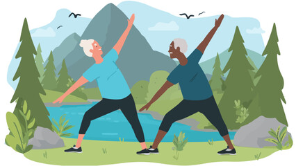 Two senior adults practicing yoga outdoors amid a serene mountain landscape for wellness