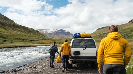 Three people in outdoor gear unload a vehicle by a river, surrounded by green mountains and cloudy skies, preparing for an adventure.