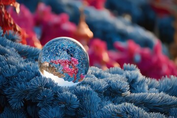 A crystal ball rests atop a branch, reflecting vibrant flowers