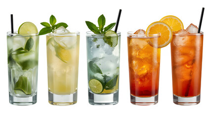 Cuba Libre, Long Island, Mojito, Paloma, Tequila Sunrise, Screwdriver cocktail transparent PNG set bundle, isolated background. Bar menu cocktails in highball glass, colorful refreshing drink garnish.