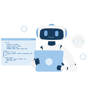 Generate AI Activity Illustation. Vector illustration of A robot writing or assisting with code using AI on a digital screen interface. Isolated on background