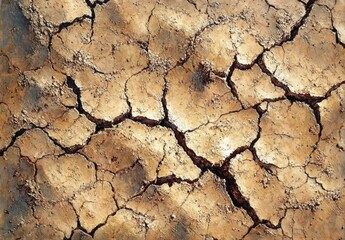 Detailed close-up of dry, cracked earth surface showing deep fissures and rough texture conveying drought and arid conditions