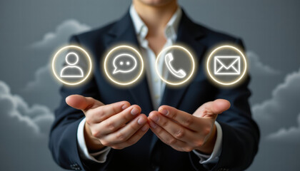 Business professional in suit holds out hands with glowing icons representing contact options, including person, chat, phone, and email, conveying sense of connectivity and communication