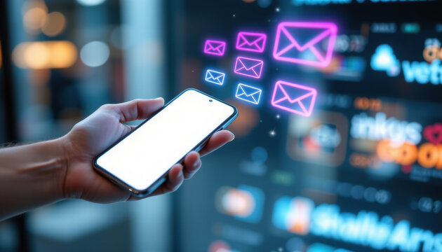 Smartphone in hand with glowing email icons, representing digital communication and technology. scene captures essence of modern connectivity and messaging