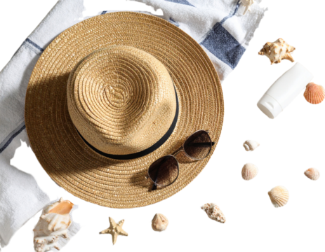 Sun hat, beach towel, and sunglasses arranged on sandy shore, top-down summer flat lay