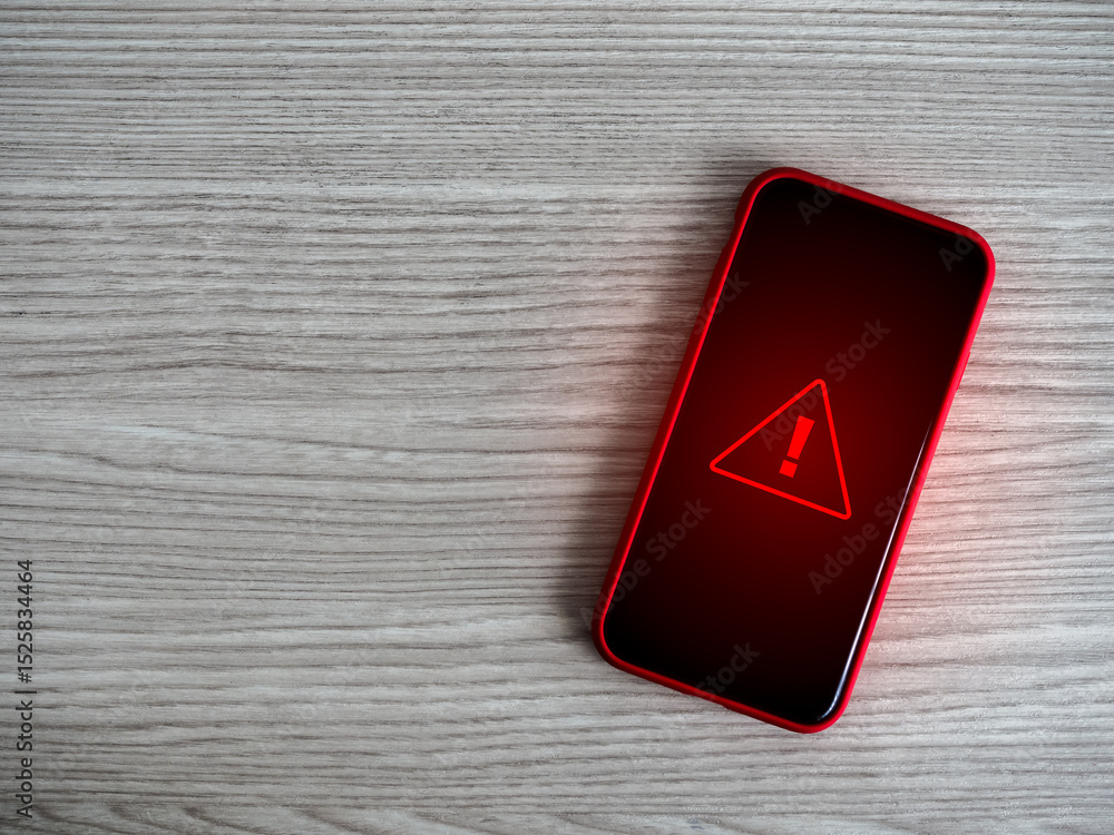 Aufkleber warning alert screen. red triangle, system hacked urgent sign, malware, attention danger symbol, sys