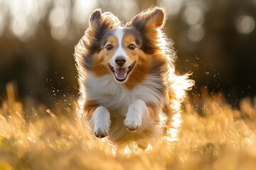 Happy tricolor Shetland Sheepdog dog running joyfully through a sunlit grassy field with golden backlight