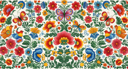 Colorful Hand-Drawn Floral Pattern with Birds and Butterflies