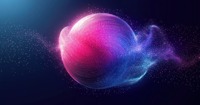 Futuristic glowing sphere with dynamic swirling lines and particles emitting vibrant pink and blue light in a dark space background