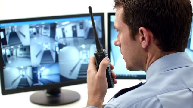 Security Guard Monitoring Security Camera Feed in Hospital Hallway with Walkie Talkie and Blue Shirt