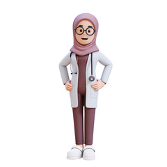 3D render muslim woman doctor character in a white lab coat stands with her arms on hip