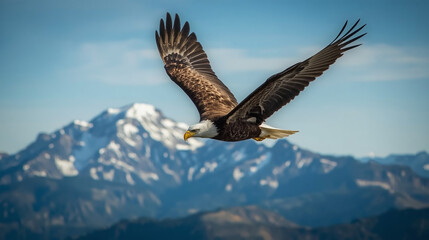Obraz premium Soaring Bald Eagle Over Mountain Peaks