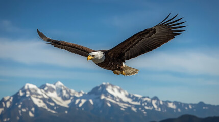 Naklejka premium Soaring Bald Eagle Over Mountain Peaks