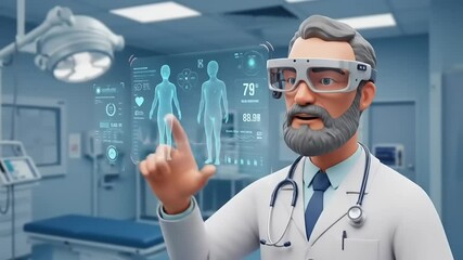 Doctor using advanced holographic technology to analyze patient data in a modern medical facility - Powered by Adobe