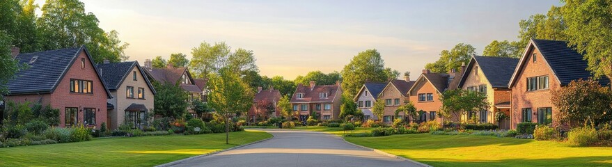 Quiet suburban street lined with charming brick and stone houses surrounded by well-maintained gardens and lush green trees under a soft evening sky