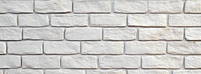 Obraz premium Close-up view of a textured white brick wall with rectangular bricks arranged in a horizontal pattern, showing rough and uneven surfaces