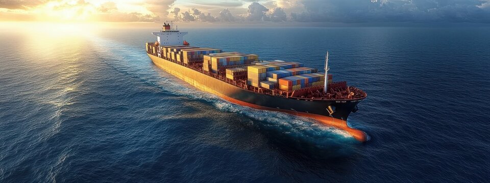 Large cargo ship carrying colorful shipping containers sailing on calm ocean at sunset under partly cloudy sky