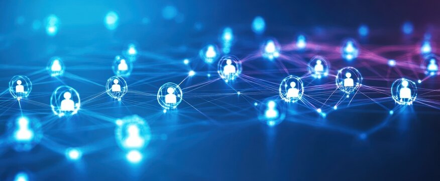 Glowing digital network of interconnected human icons symbolizing communication and social connections in a futuristic blue and purple gradient background