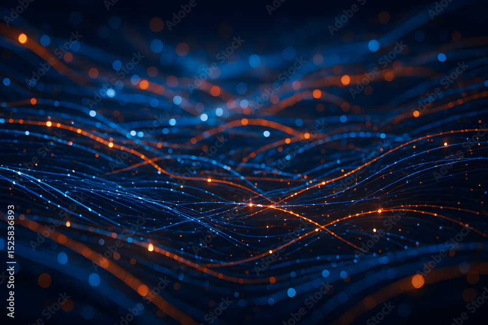 Poster an abstract depiction of data streams, showcasing intertwined blue and orange lines with glowing par