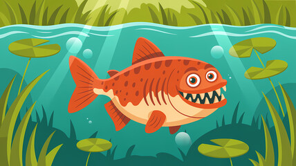 Flat Design Illustration of a Cartoonish Piranha in a Clear Turquoise River with Lush Reeds and Lily Pads