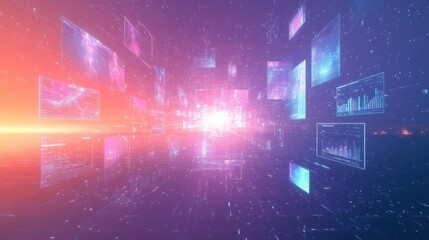 Digital futuristic data visualization with floating transparent screens displaying various charts and graphs in a glowing vibrant space environment