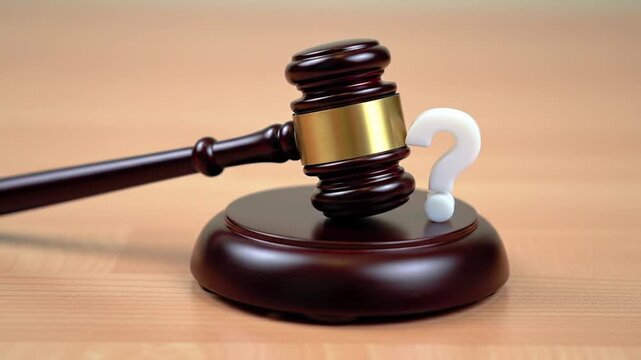 Wooden Gavel with Gold Accent Next to White Question Mark on Wood Grain Background For Legal System and Uncertainity Concept