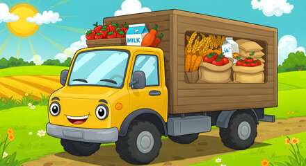 Fototapeta premium Cartoon yellow delivery truck loaded with fresh vegetables and fruits. Represents food delivery, agriculture, or healthy produce transport. Vibrant and fresh. 