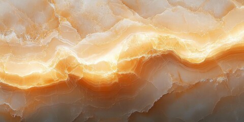 Close-up view of layered translucent orange and white mineral stone with intricate crystalline patterns and soft glowing light