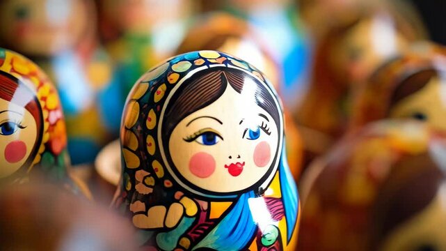 Close-up of brightly painted Matryoshka dolls featuring multiple wooden nesting dolls with traditional vibrant decorative designs, displaying Russian cultural heritage.