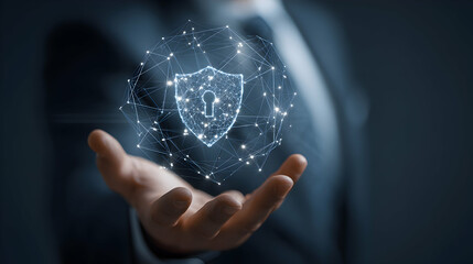Man in Suit Holding Digital Shield Representing Security with Blue Light in a Dark Background
