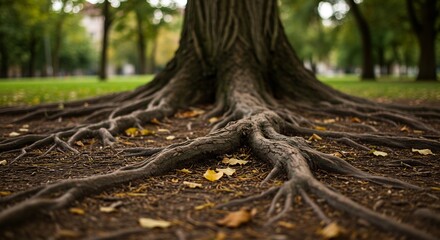 Fototapeta premium Exposed Tree Roots Spreading Over Ground in Park Setting