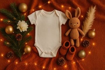 Newborn Comfort and Festive Cheer: A cozy, autumnal arrangement showcases a baby onesie surrounded by holiday decor, embodying warmth and celebration. Pregnancy Announcement. 