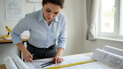 Young woman architect reviewing blueprints in a bright office, focused on her work with tools - Powered by Adobe